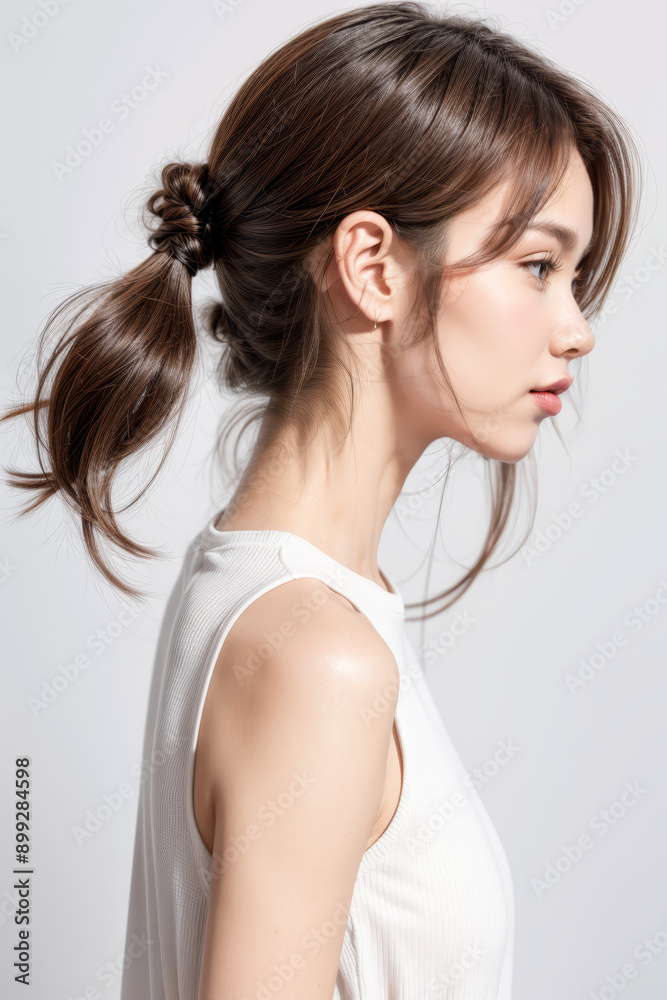 Side Profile of Beautiful Asian Model - Female with Perfect and Fine Features - Perfect and Glowing Skin - Looking up in Studio Environment - Styled and Smooth Hair - Fashion or Cosmetics Model Side Profile of Beautiful Asian Model - Female with Perfect and Fine Features - Perfect and Glowing Skin - Looking up in Studio Environment - Styled and Smooth Hair - Fashion or Cosmetics Model