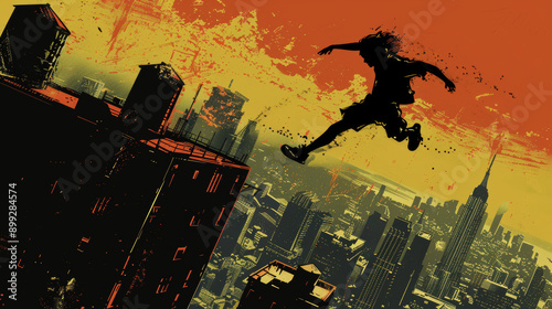 A man is jumping in the air in front of a city skyline