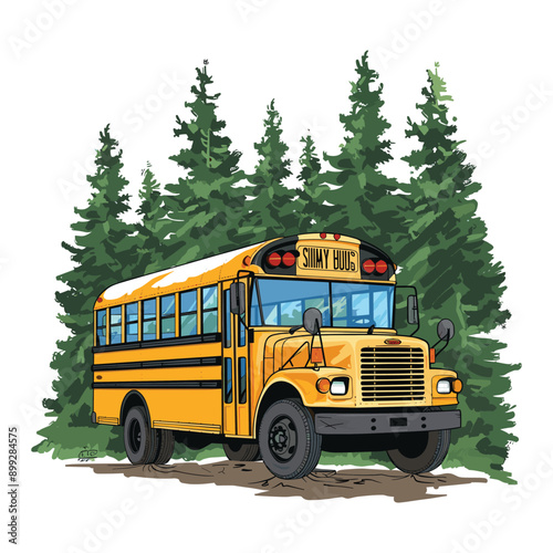 Yellow school bus in a forest setting, perfect for back to school or transportation themes.