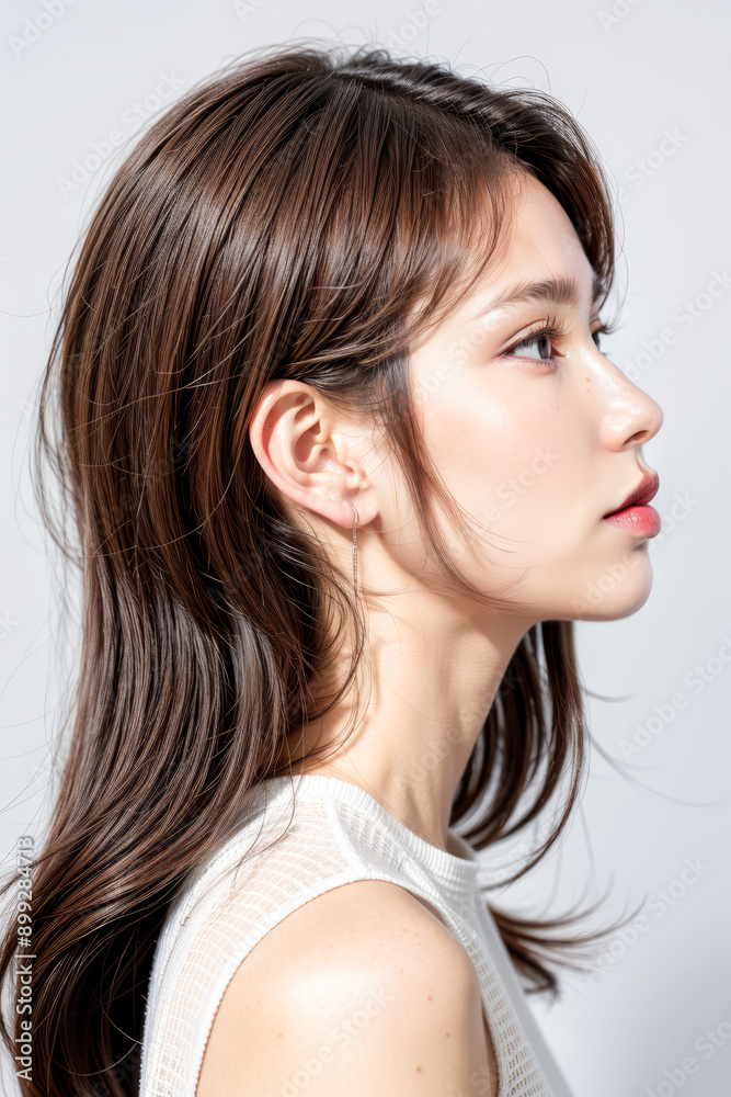 Side Profile of Beautiful Asian Model - Female with Perfect and Fine Features - Perfect and Glowing Skin - Looking up in Studio Environment - Styled and Smooth Hair - Fashion or Cosmetics Model Side Profile of Beautiful Asian Model - Female with Perfect and Fine Features - Perfect and Glowing Skin - Looking up in Studio Environment - Styled and Smooth Hair - Fashion or Cosmetics Model