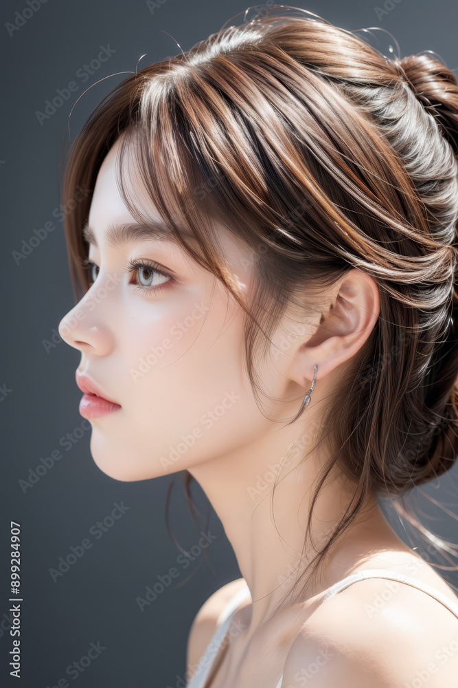 Side Profile of Beautiful Asian Model - Female with Perfect and Fine Features - Perfect and Glowing Skin - Looking up in Studio Environment - Styled and Smooth Hair - Fashion or Cosmetics Model Side Profile of Beautiful Asian Model - Female with Perfect and Fine Features - Perfect and Glowing Skin - Looking up in Studio Environment - Styled and Smooth Hair - Fashion or Cosmetics Model
