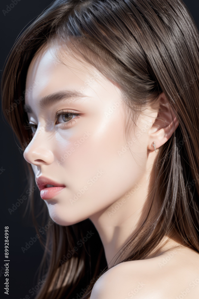 Obraz premium Side Profile of Beautiful Asian Model - Female with Perfect and Fine Features - Perfect and Glowing Skin - Looking up in Studio Environment - Styled and Smooth Hair - Fashion or Cosmetics Model