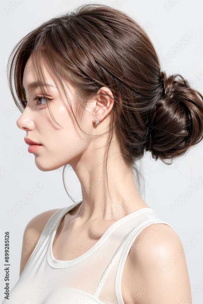 Side Profile of Beautiful Asian Model - Female with Perfect and Fine Features - Perfect and Glowing Skin - Looking up in Studio Environment - Styled and Smooth Hair - Fashion or Cosmetics Model Side Profile of Beautiful Asian Model - Female with Perfect and Fine Features - Perfect and Glowing Skin - Looking up in Studio Environment - Styled and Smooth Hair - Fashion or Cosmetics Model