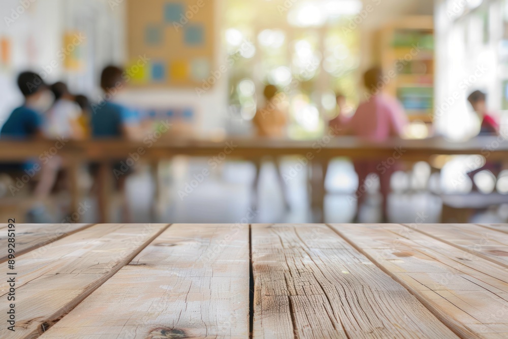 Empty wooden table desk over blurred of children Empty wooden table desk over blurred of children