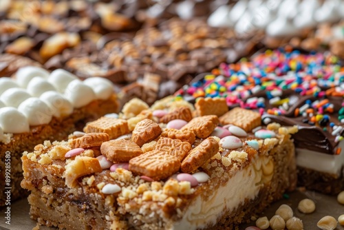 Close-Up of Delicious Dessert Bars with Various Toppings