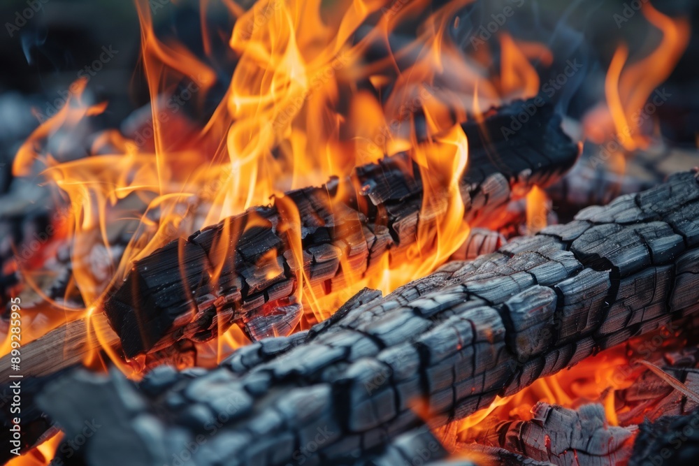 flames on bonfire with firewood, closeup