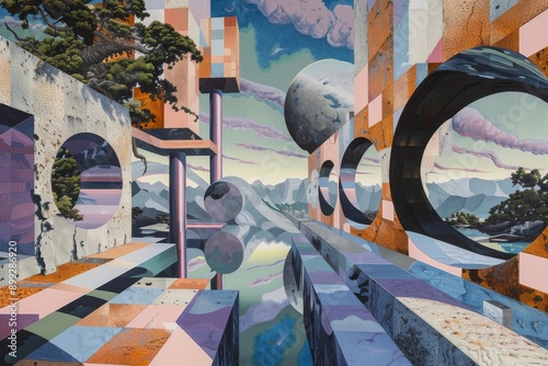 Abstract Geometric Landscape with Circular Windows