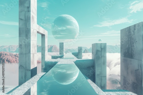 Abstract Minimalist Landscape with a Floating Sphere