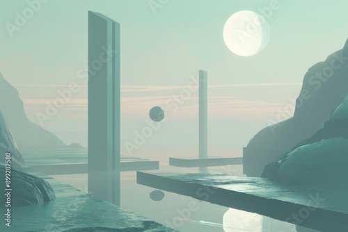 Minimalist Futuristic Landscape with Two Moons