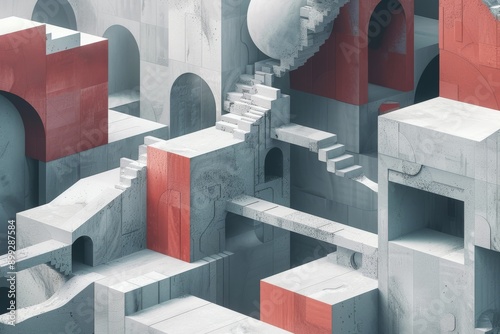 Abstract Concrete Architectural Composition with Red Accents