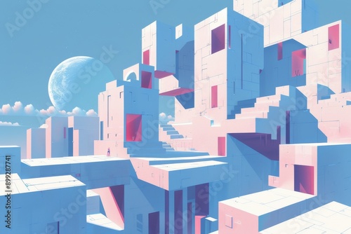 Futuristic Cityscape with Pink and Blue Architecture