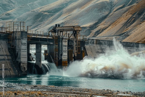 Dam releasing powerful burst of water amidst majestic mountain landscape, hydraulic engineering in action concept