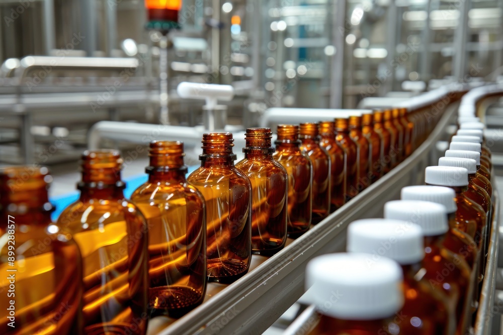 Conveyor belt with amber glass bottles in a manufacturing plant, representing pharmaceutical production Conveyor belt with amber glass bottles in a manufacturing plant, representing pharmaceutical production