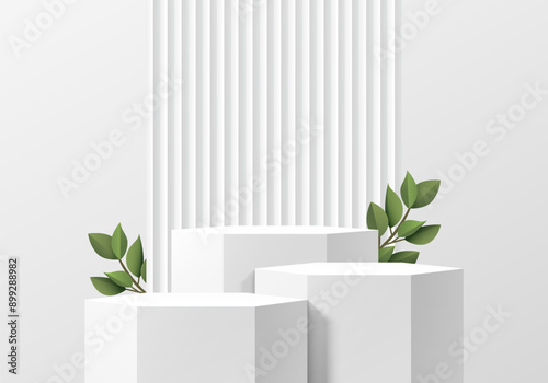 Realistic white 3D hexagon podium set with leaf, serrated pattern wall scene. Minimalist 3D mockup abstract cosmetic product display presentation, Stage showcase. Platforms vector geometric design.