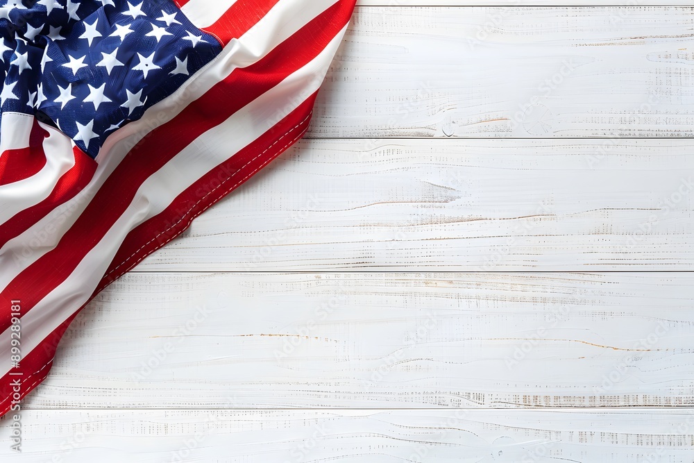 Obraz premium memorial day theme with vintage flag on white wooden background