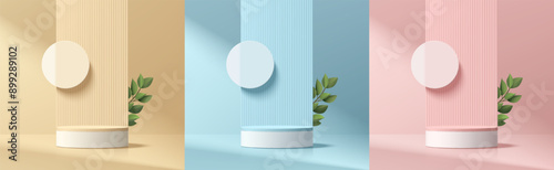 Set of pink, yellow, blue 3d cylindrical podium background with green leaf, Vertical backdrop wall scene. Abstract minimal mockup, Product display presentation, Stage showcase. Platforms vector design