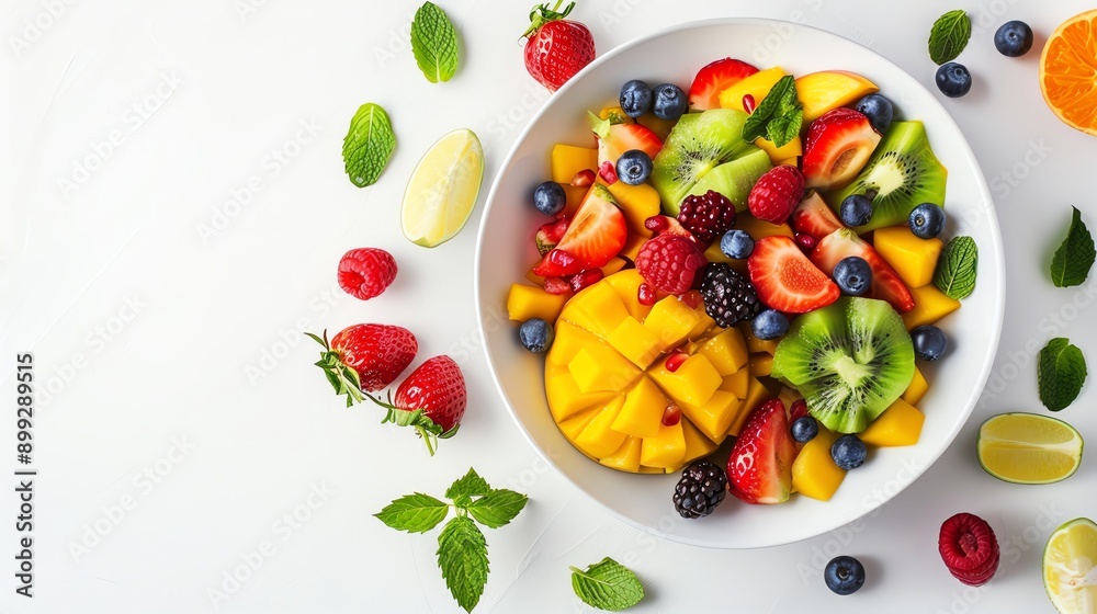 Fresh fruit salad with mango on solid white background, single object Fresh fruit salad with mango on solid white background, single object