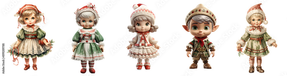 Cute Christmas Elf Dolls in Festive Outfits white background,PNG Cute Christmas Elf Dolls in Festive Outfits white background,PNG