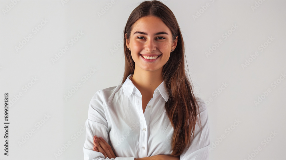 Cheerful brunette business woman student in white button up shirt, smiling confident and cheerful with arms folded, isolated on a white background Cheerful brunette business woman student in white button up shirt, smiling confident and cheerful with arms folded, isolated on a white background