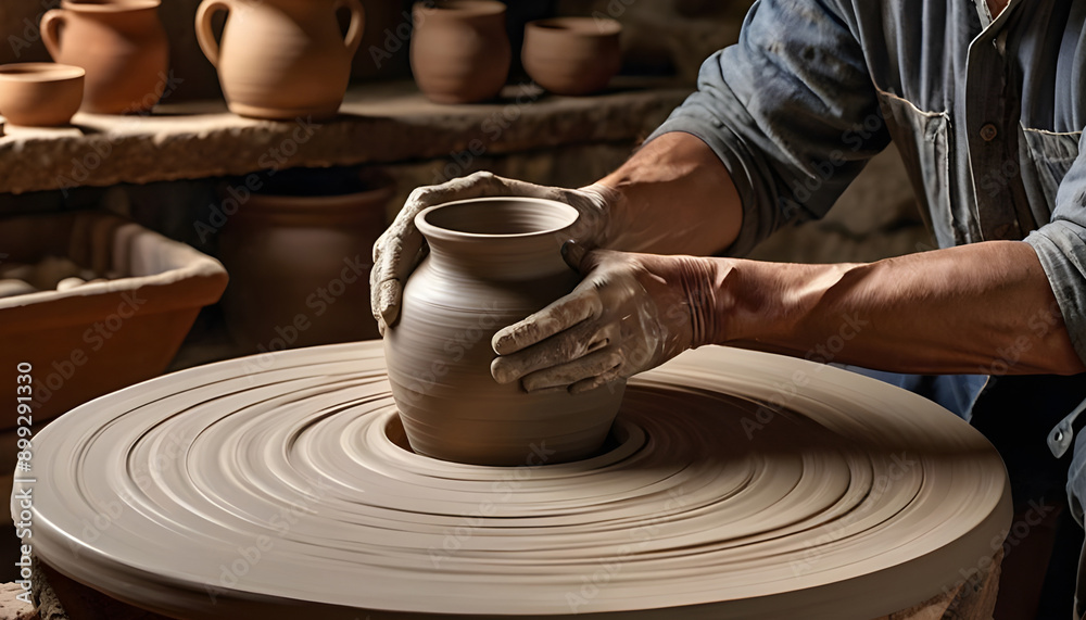 Hands of potter making clay potCreating vase of white clay closeup Master crock The sculptor Hands of potter making clay potCreating vase of white clay closeup Master crock The sculptor