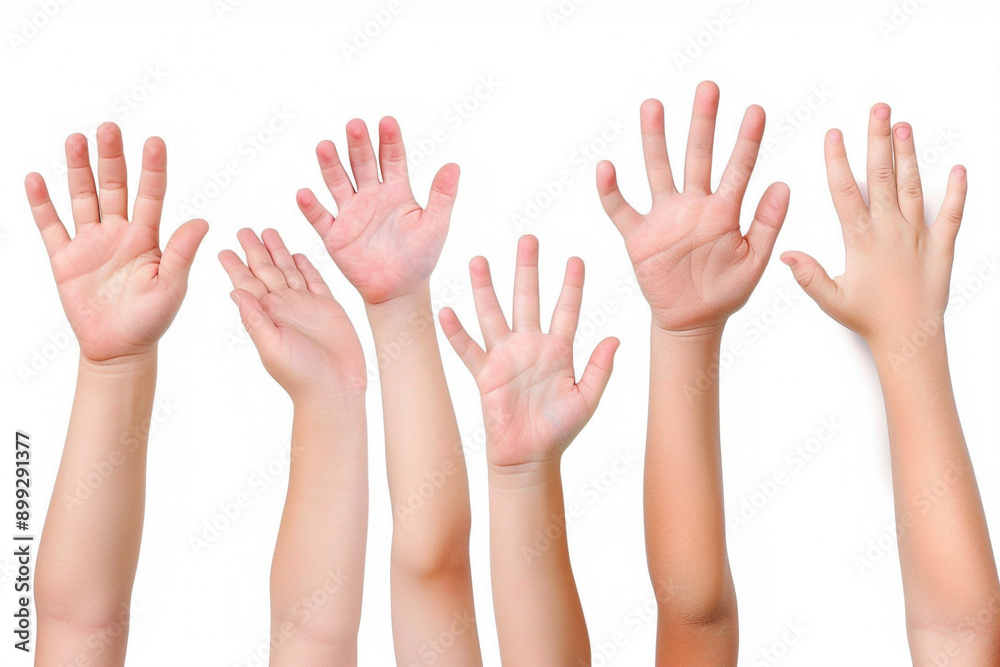 Kid hands raised in the air, isolated on white background. Kid hands raised in the air, isolated on white background.
