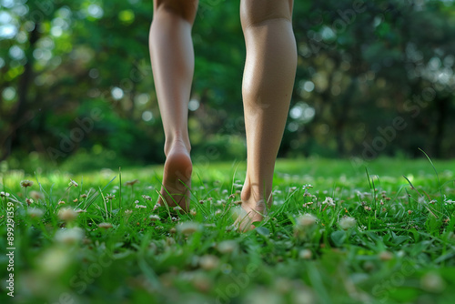 Close up of feet walking barefoot on green grass in a park. © Chaiyapuek