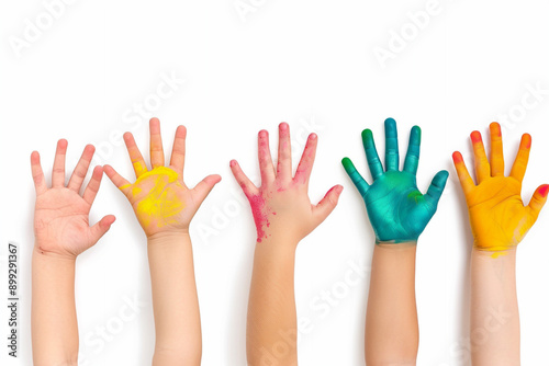 Children's hands with colorful paint, white background.