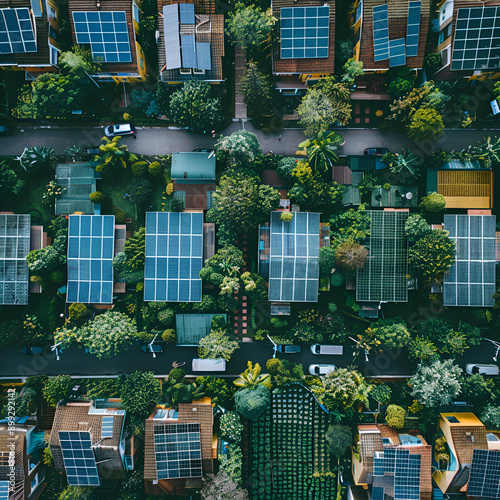 Aerial view of a residential area with solar panels on rooftops, showcasing sustainable living and green energy.