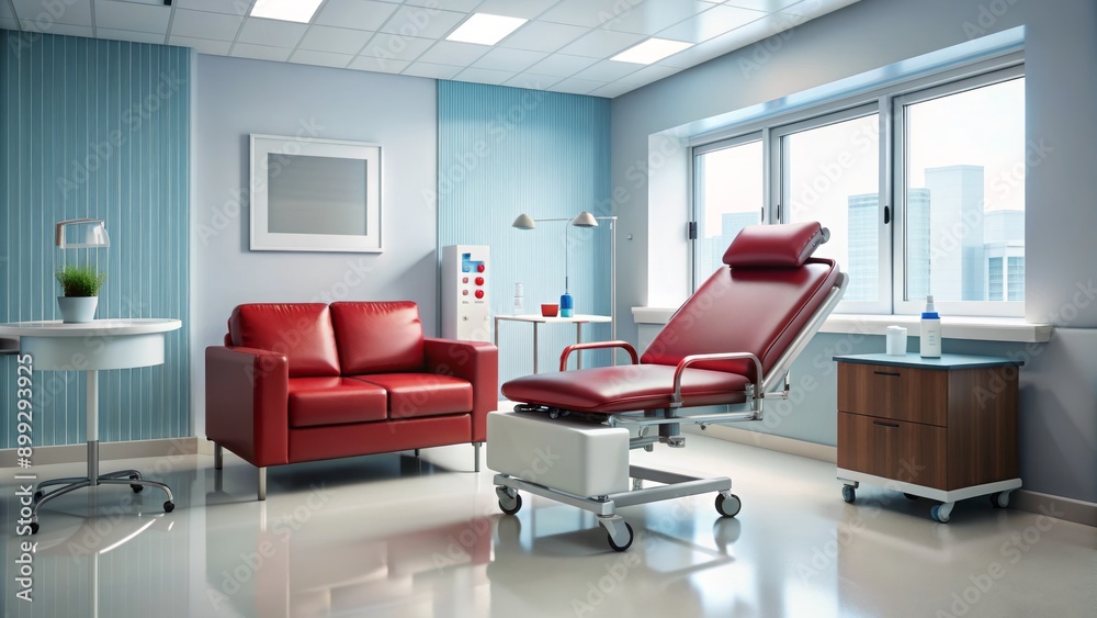 Empty hospital room with medical couch, blood donation equipment, and a vacant chair, conveying a sense of humanitarian aid. Empty hospital room with medical couch, blood donation equipment, and a vacant chair, conveying a sense of humanitarian aid.