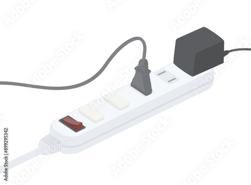 コンセントプラグやキャップが差し込まれた電源タップのイラスト