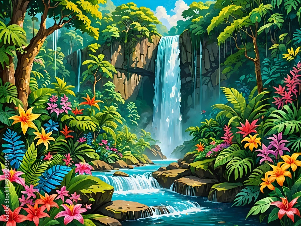 A majestic waterfall in a lush rainforest, surrounded by vibrant vegetation and colorful flowers, playful art A majestic waterfall in a lush rainforest, surrounded by vibrant vegetation and colorful flowers, playful art
