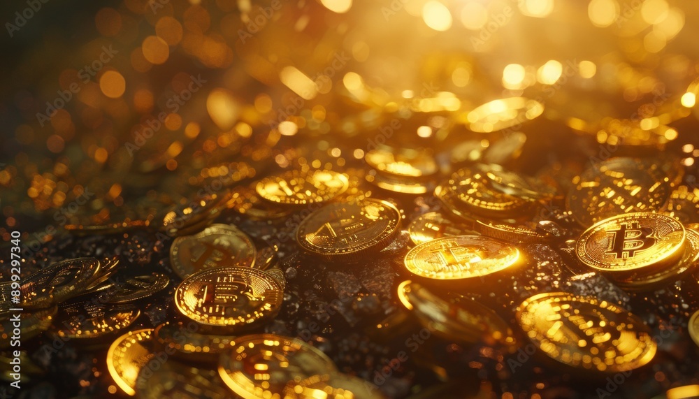 Bitcoin Crypto Money and Gold Coins in Warm Light with Glitter Bitcoin Crypto Money and Gold Coins in Warm Light with Glitter