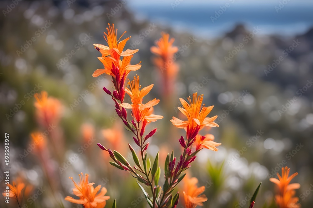 Table mountain watsonia flower bokeh background, AI Generated Table mountain watsonia flower bokeh background, AI Generated