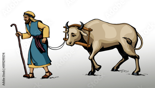 Vector drawing. Old wooden yoke on the cow