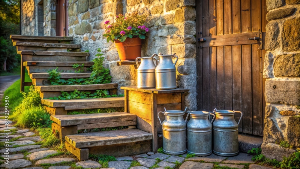 Early morning rural scene with old fashioned metal milk cans and wooden crates on a worn stone step. Early morning rural scene with old fashioned metal milk cans and wooden crates on a worn stone step.