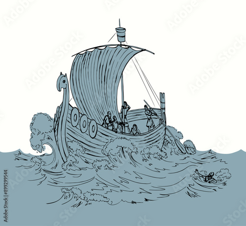 Vector drawing. Sailors on a ship in a storm