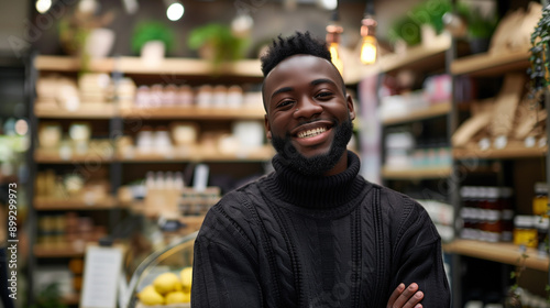 Smiling african american male shopper in health food store