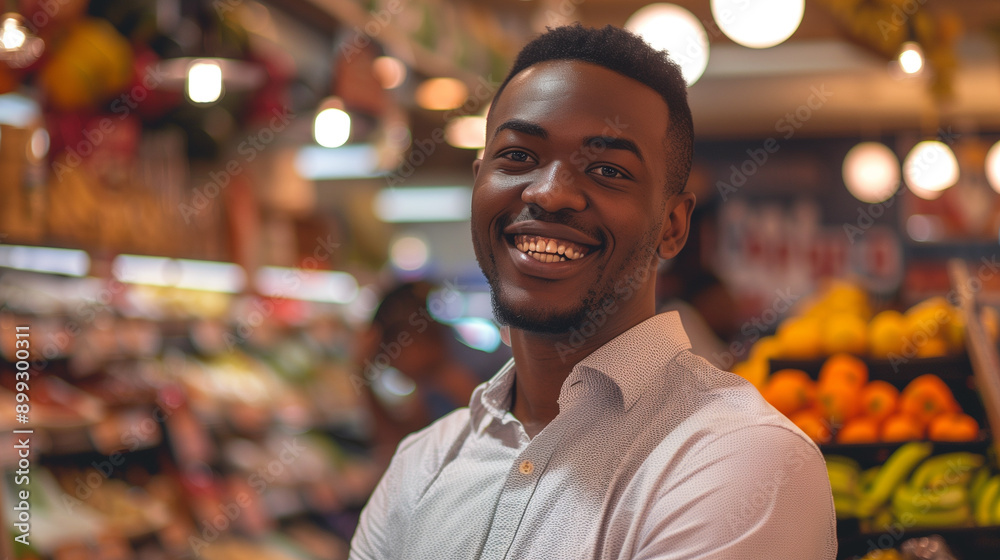 Smiling african american male seller in health food store Smiling african american male seller in health food store