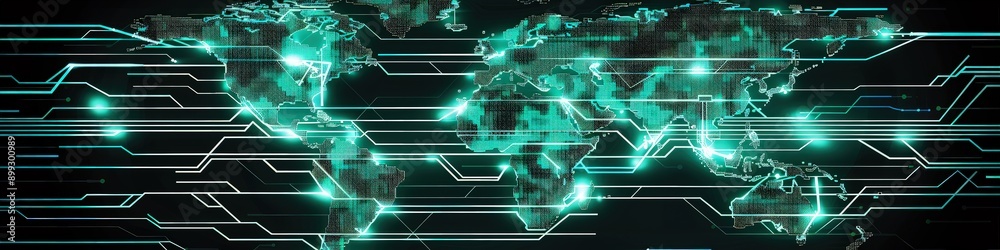 A futuristic map of the world featuring a digital display with continents rendered in a pixel art style and interconnected by glowing circuit lines A futuristic map of the world featuring a digital display with continents rendered in a pixel art style and interconnected by glowing circuit lines