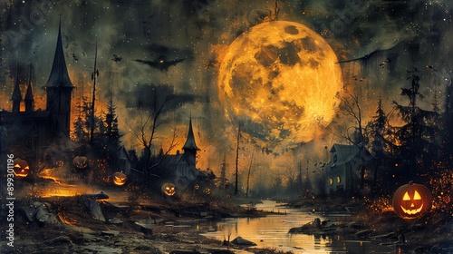 Halloween Art Postcard, Fantasy style illustration Halloween wallpaper background