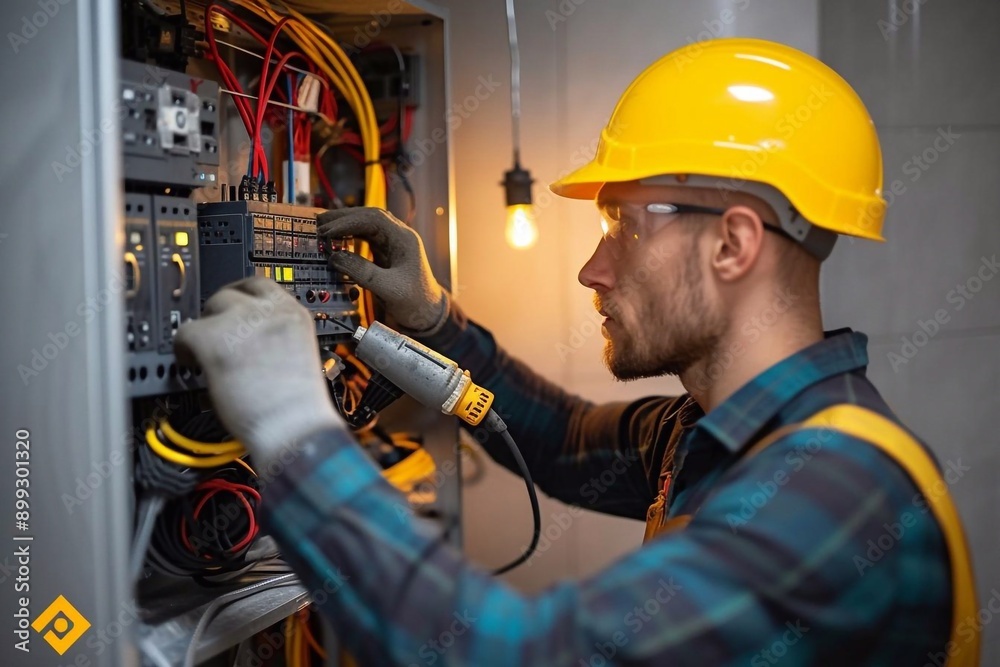 Male worker professional electrician in uniform installing electrical outlet in apartment after renovation work Male worker professional electrician in uniform installing electrical outlet in apartment after renovation work