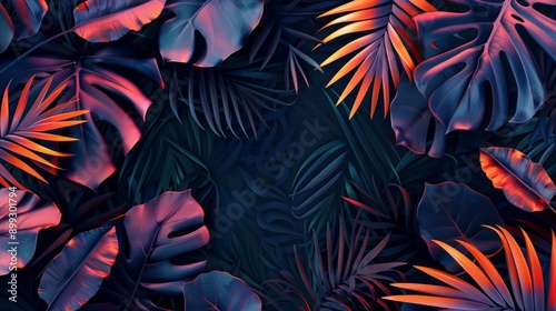 Dark pattern with exotic leaves, Bright color, realistic