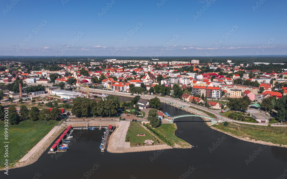 Summer skyline cityscape of Nowa Sól, a city on the Oder River in Lubusz region, Poland. Wide panoramic aerial view