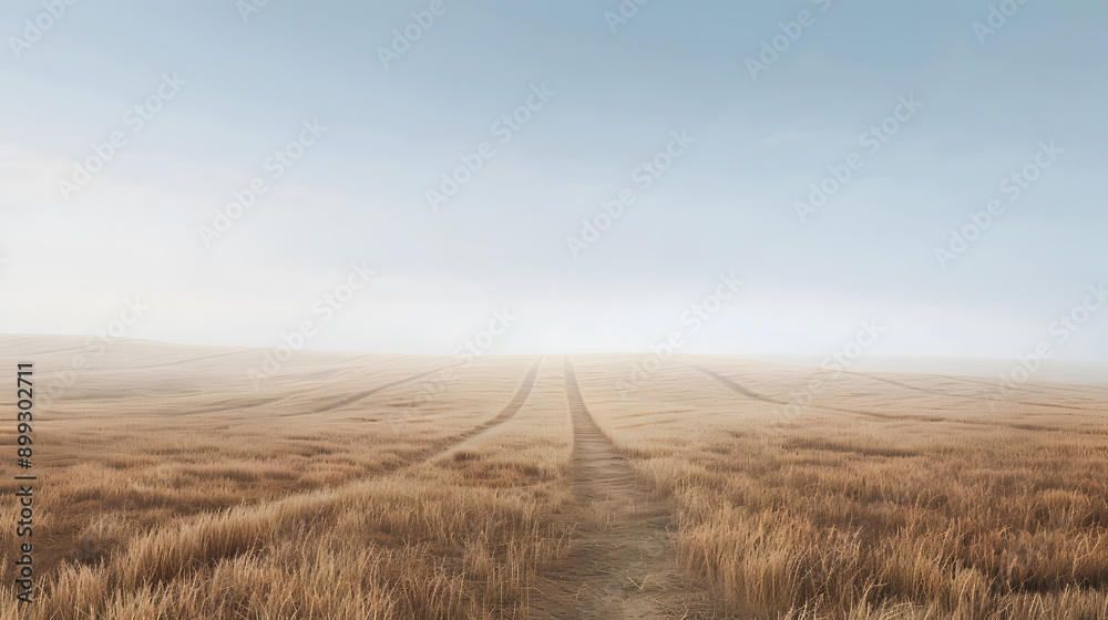 Fototapeta premium A serene and tranquil scene of a rural road meandering through vast golden wheat fields at dawn, creating an idyllic and peaceful countryside landscape under a clear morning sky