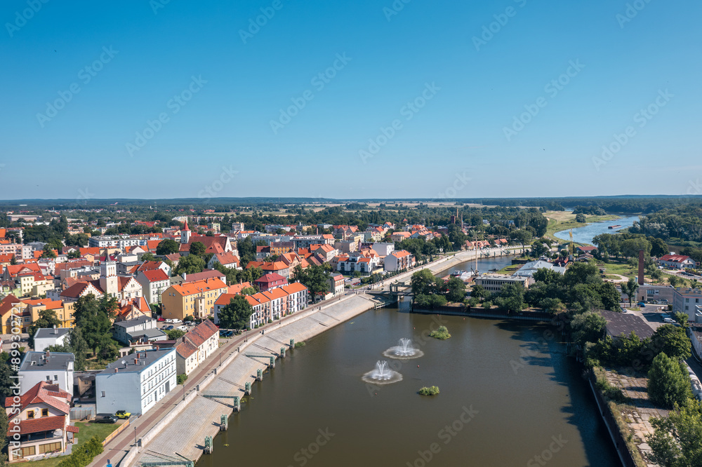 Summer skyline cityscape of Nowa Sól, a city on the Oder River in Lubusz region, Poland. Wide panoramic aerial view