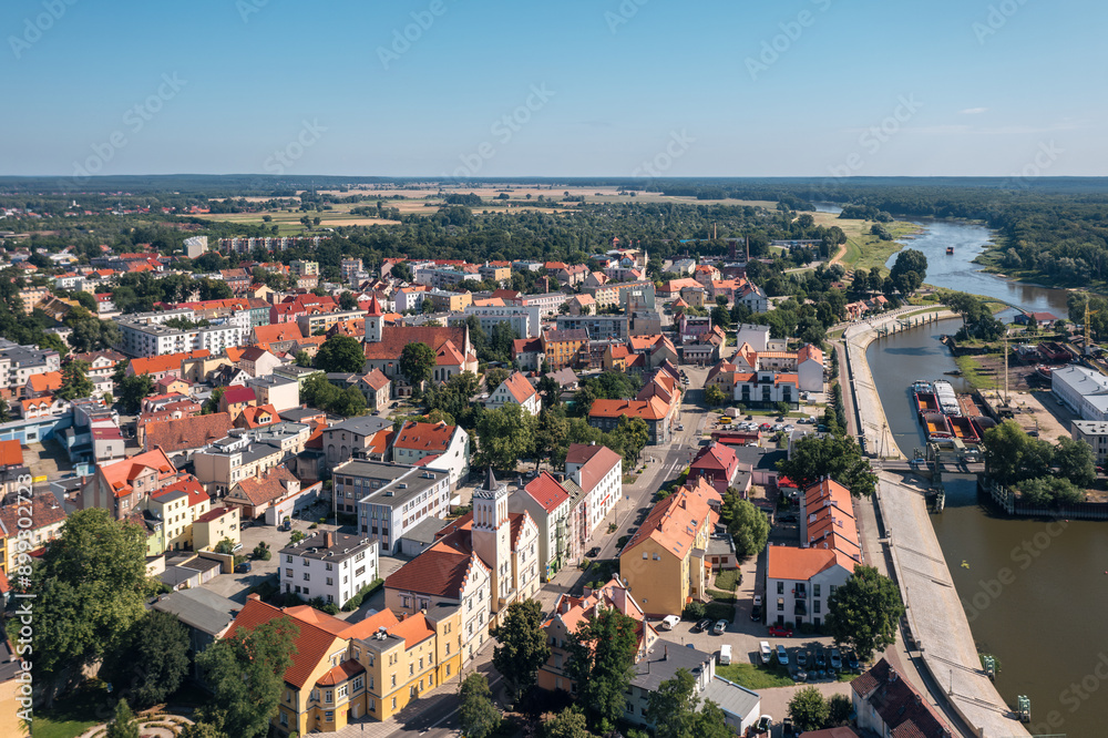 Summer skyline cityscape of Nowa Sól, a city on the Oder River in Lubusz region, Poland. Wide panoramic aerial view