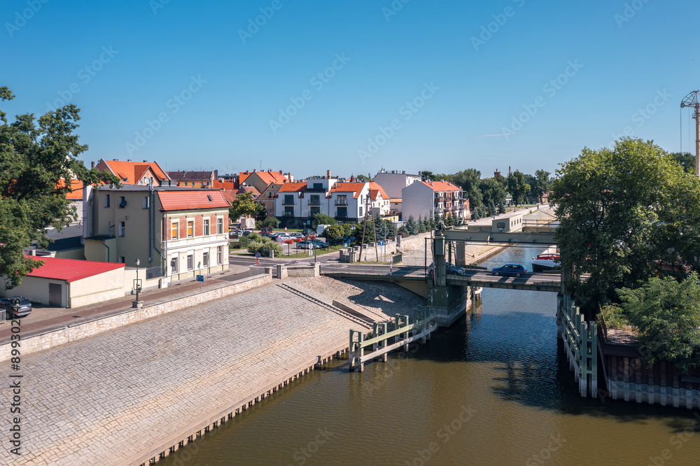 Summer skyline cityscape of Nowa Sól, a city on the Oder River in Lubusz region, Poland. The moveable bridge over the port canal, located along Aleja Wolności near Portowa Street