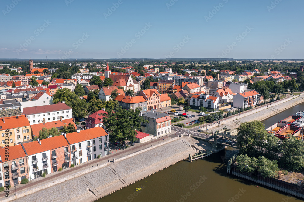 Summer skyline cityscape of Nowa Sól, a city on the Oder River in Lubusz region, Poland. Wide panoramic aerial view