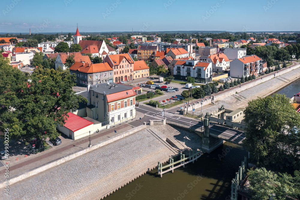 Summer skyline cityscape of Nowa Sól, a city on the Oder River in Lubusz region, Poland. Wide panoramic aerial view