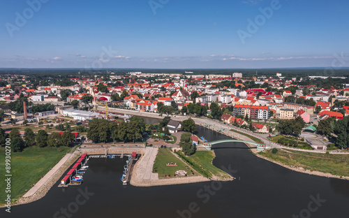 Summer skyline cityscape of Nowa Sól, a city on the Oder River in Lubusz region, Poland. Wide panoramic aerial view photo